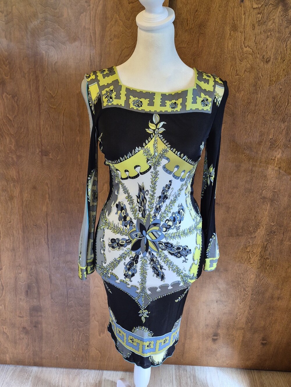 Emilio Pucci Black, Yellow & White Long-Sleeve Printed Sheath Dress